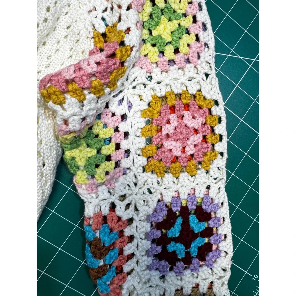 Pink Lily Crochet Granny Square Sleeve Sweater Cream Boho Knit Top Small